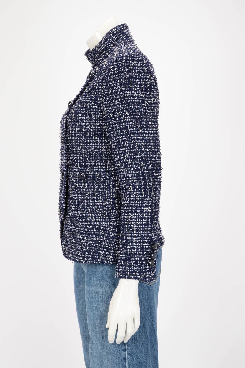 Chanel Navy & White Fantasy Tweed Military Collar Jacket FR 40