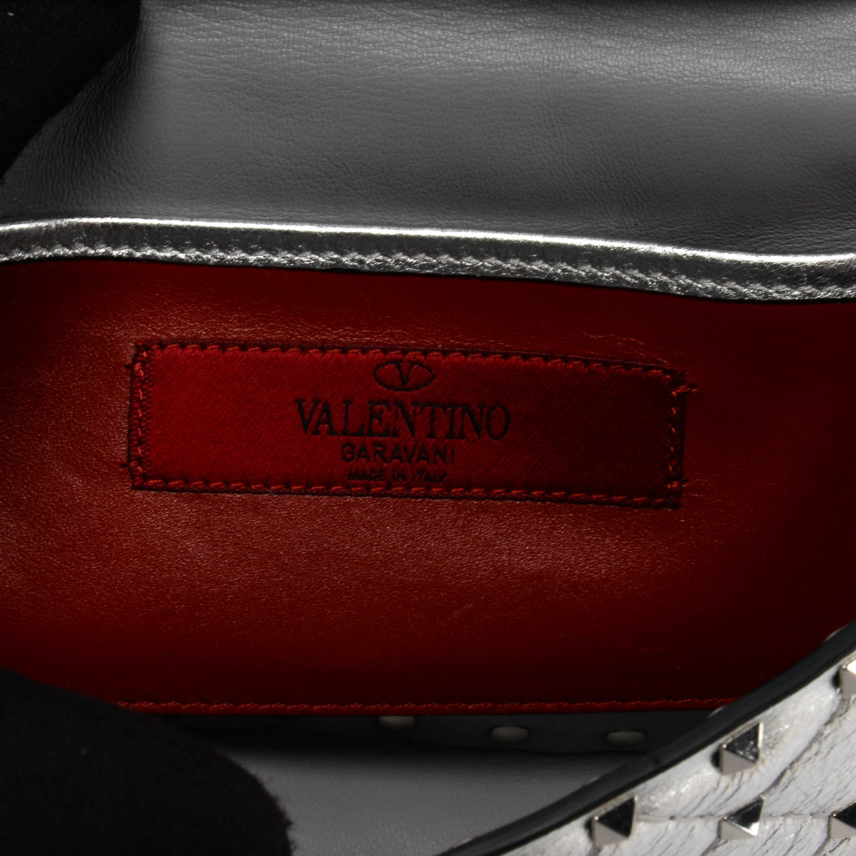 Valentino Silver Lambskin Rockstud Spike Wallet on Chain