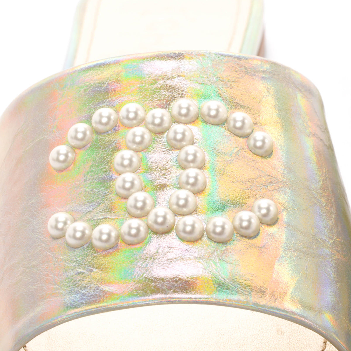 Chanel Champagne Iridescent Leather CC Pearl Slides 39