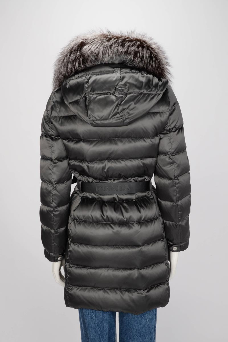 Prada Grey Nylon Belted Fur Trim Hood Puffer Jacket IT 40