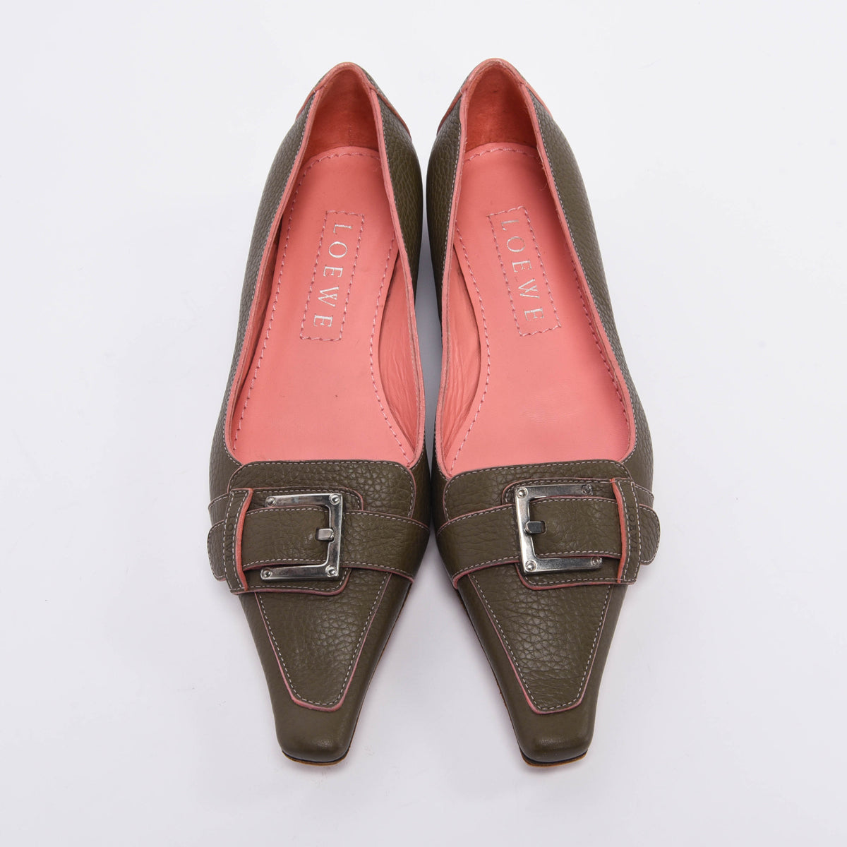 Loewe Khaki & Coral Calfskin Buckle Flats 36