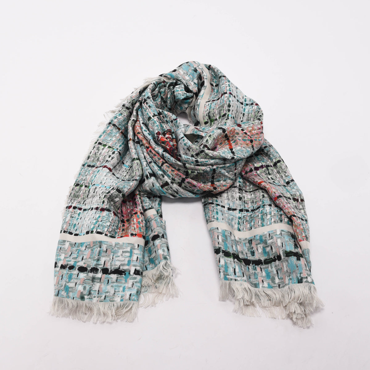 Chanel Turquoise Silk Tweed Print CC Shawl