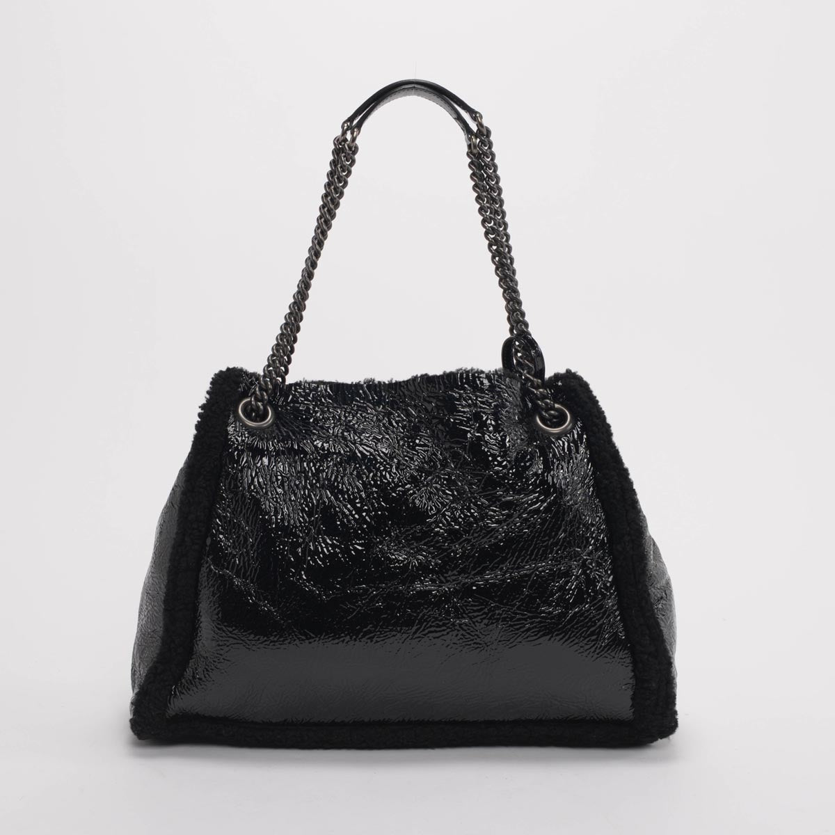 Gucci Black Patent Shearling Soho Chain Shoulder Bag
