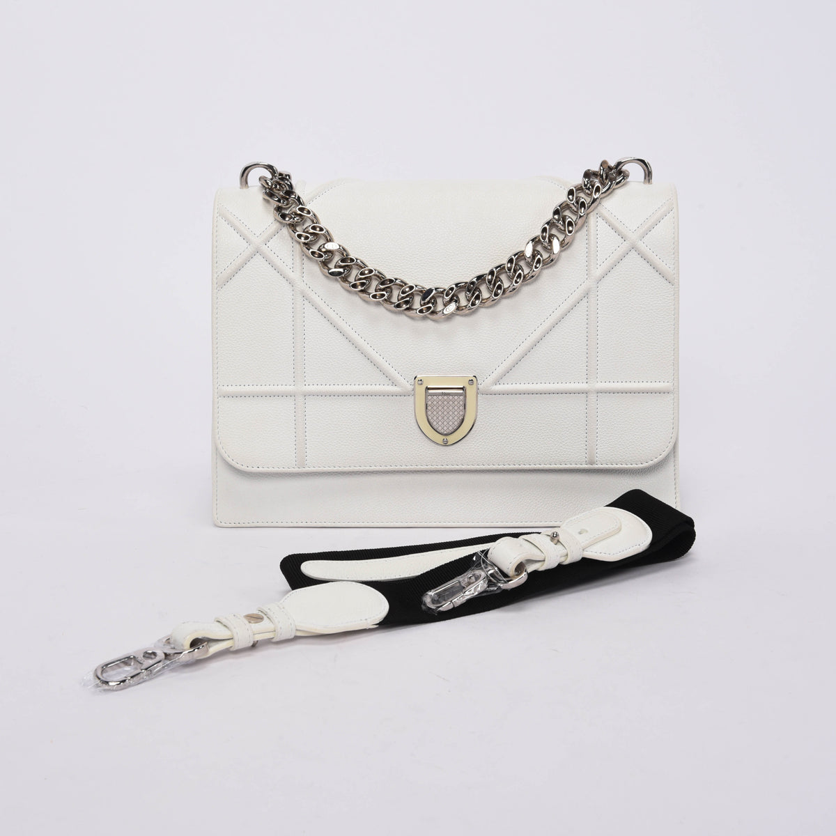 Dior White Grained Calfskin Diorama Flap Large Bag