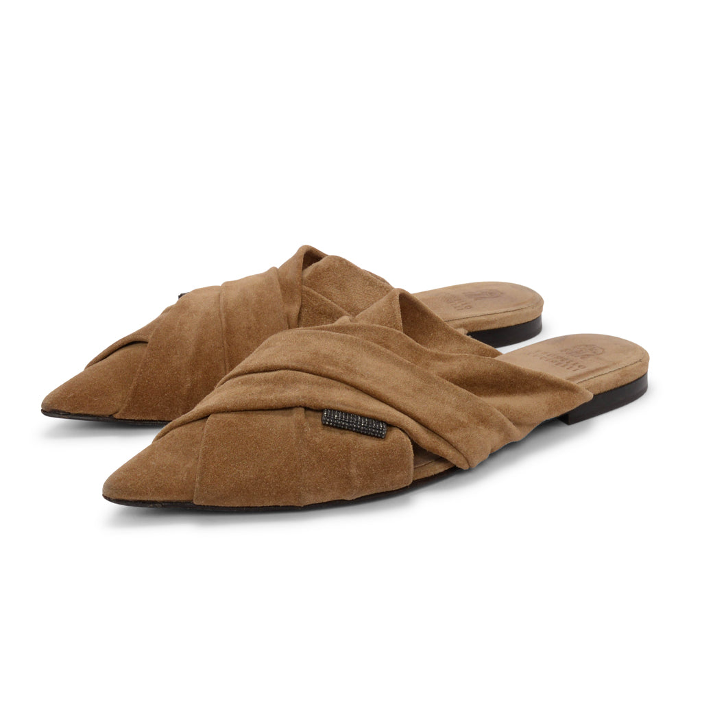 Brunello Cucinelli Tan Suede Pointed Toe Mules 37
