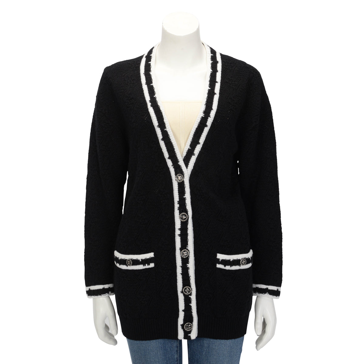 Chanel Black & White Cashmere Knit Striped CC Cardigan FR 38