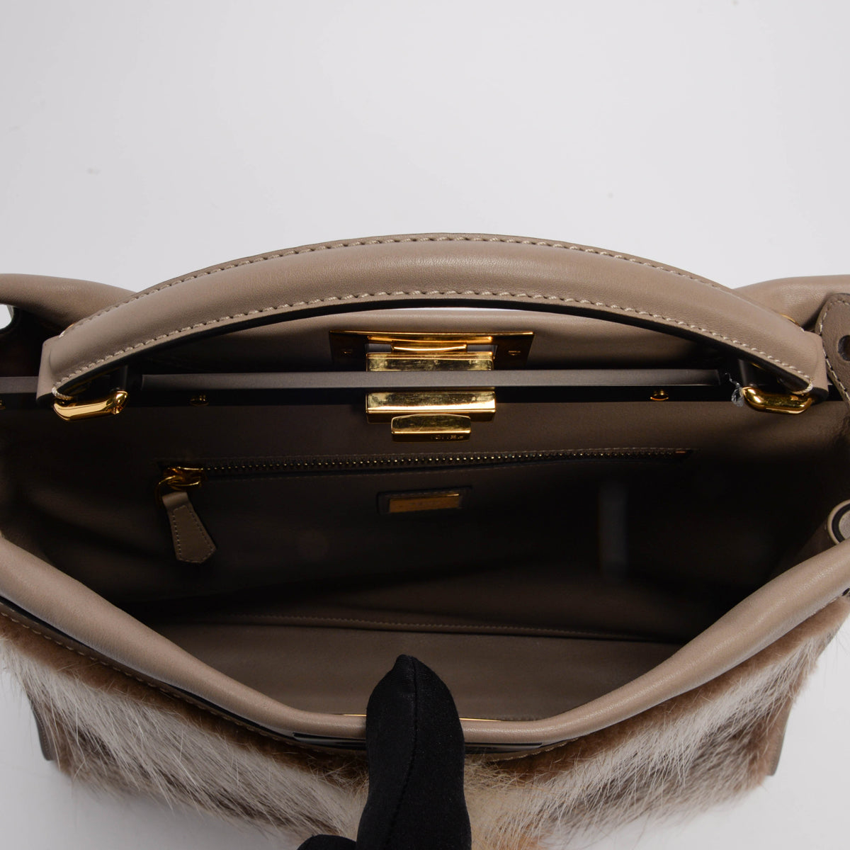 Fendi Taupe Leather & Fox Fur Large Peekaboo Tote
