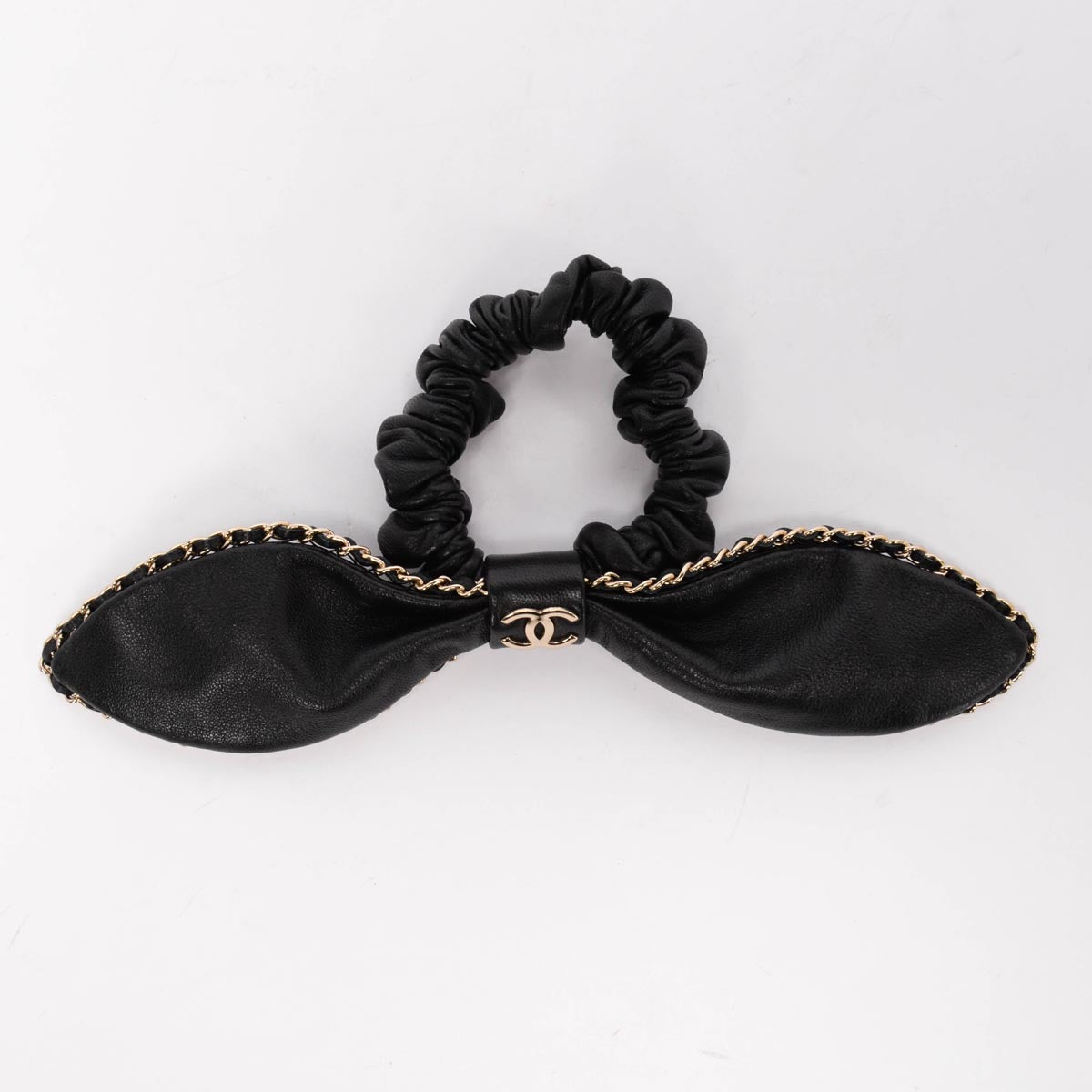 Chanel Black Lambskin CC Chain Bow Scrunchie