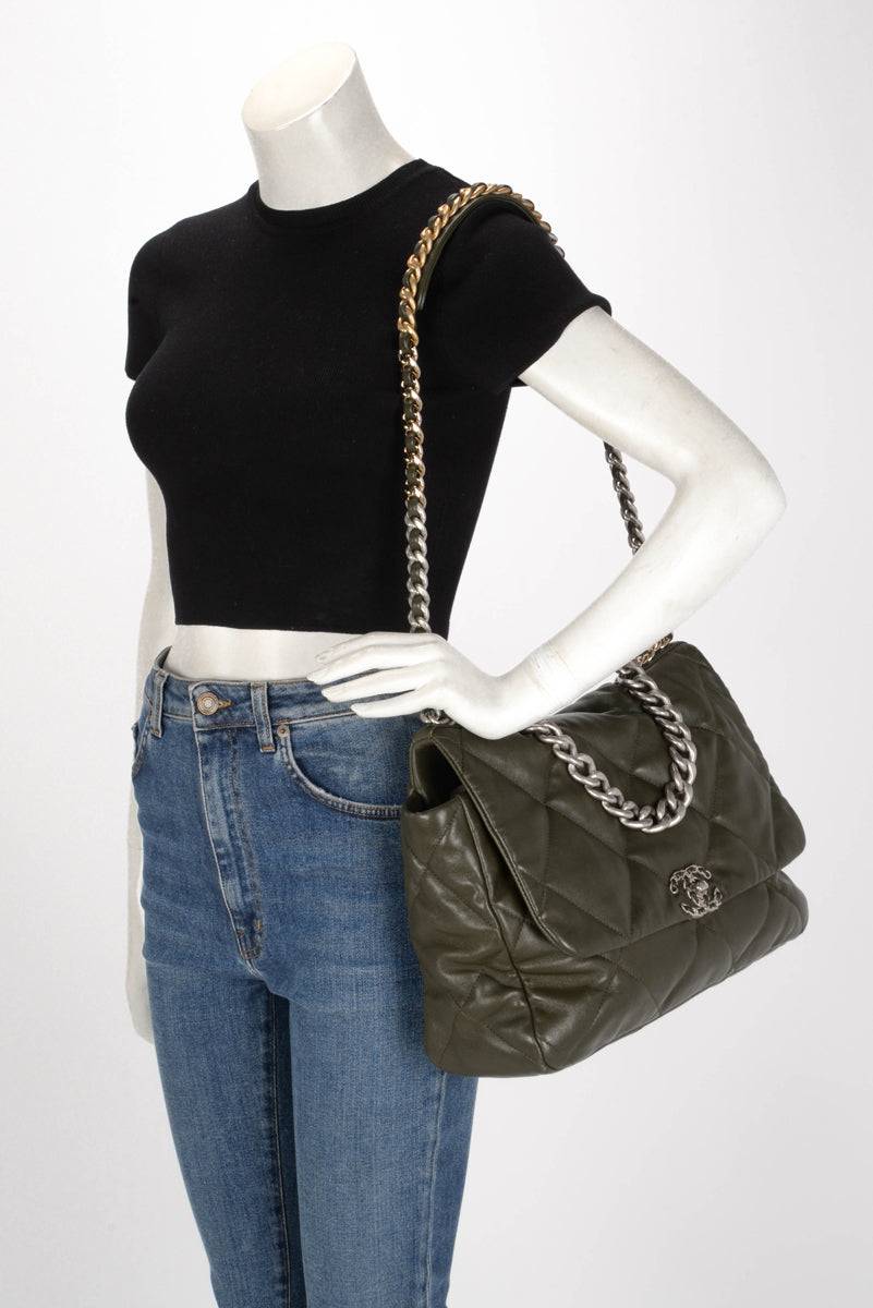 Chanel Khaki Goatskin Maxi Chanel 19 Flap Bag