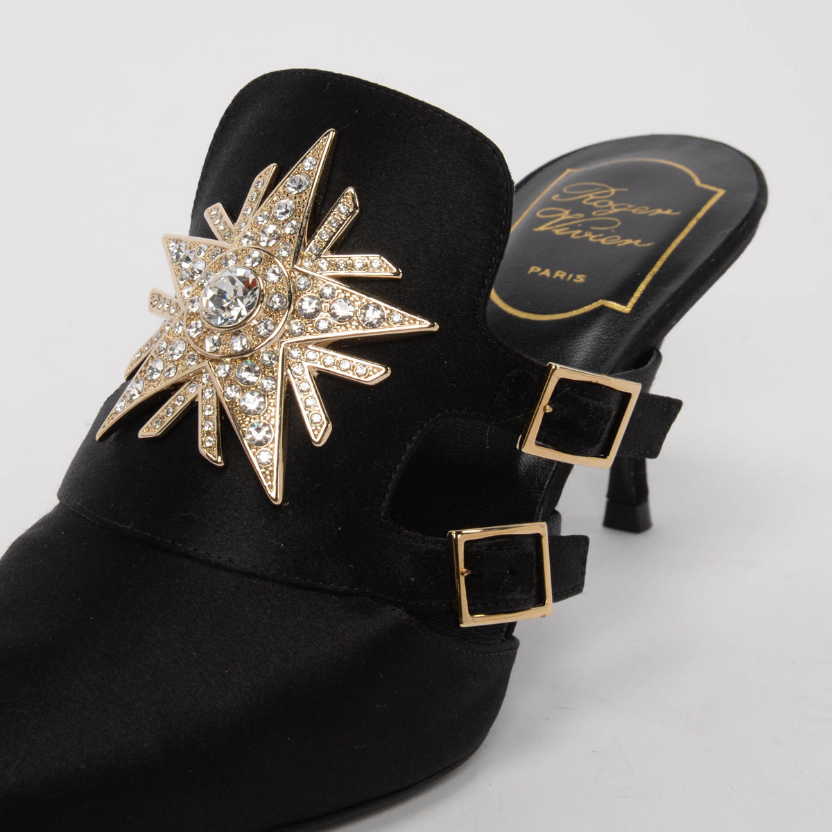 Roger Vivier Black Satin Crystal Star Mules 37.5