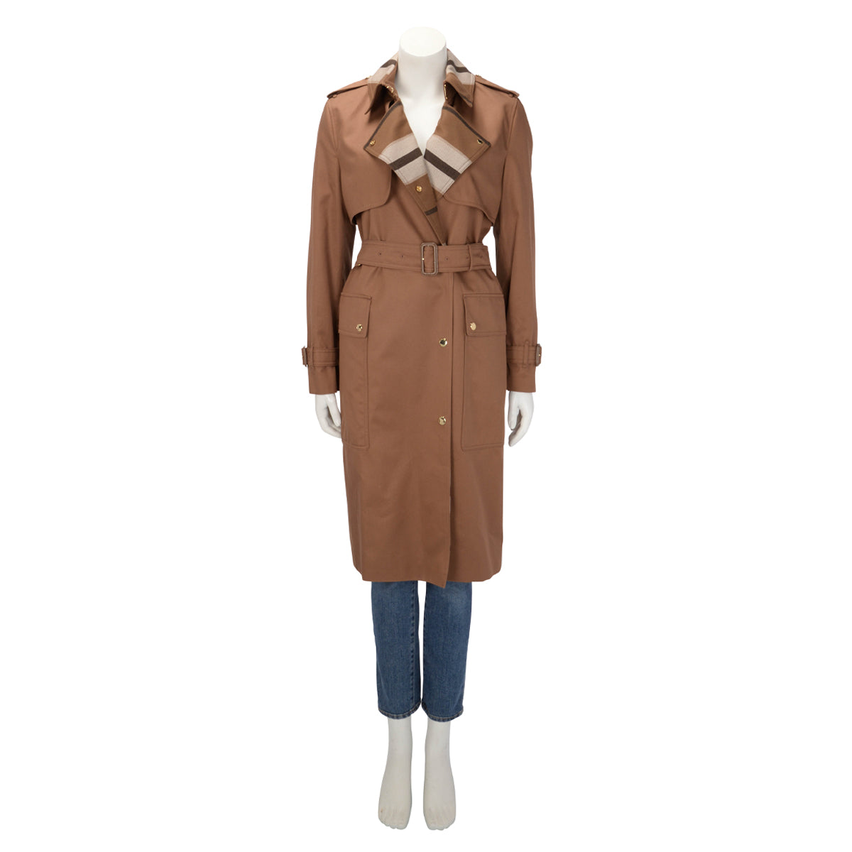Burberry Dusty Caramel Cotton Sandridge Check Trench Coat UK 8