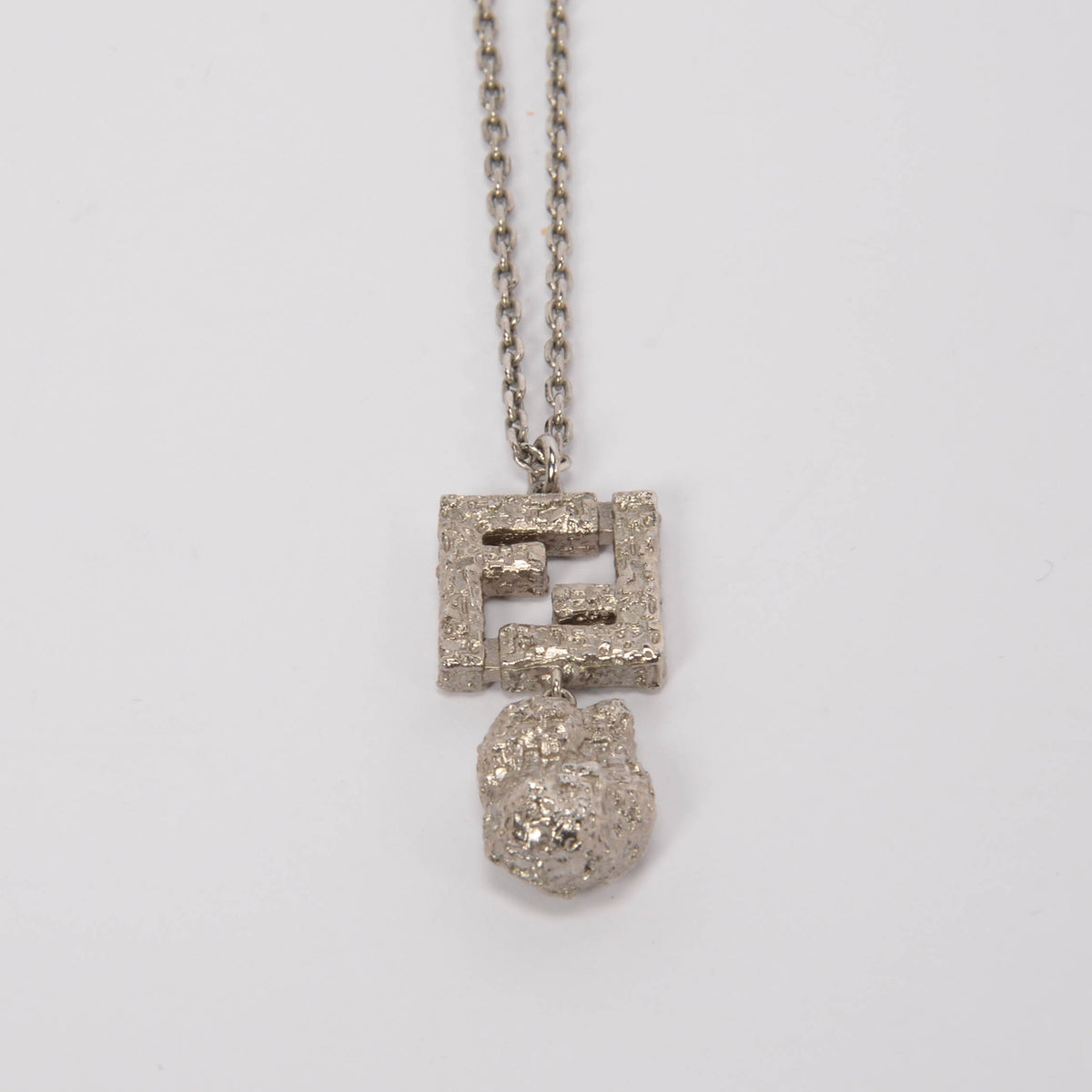 Fendi Silver Hammered Metal FF Drop Pendant Necklace