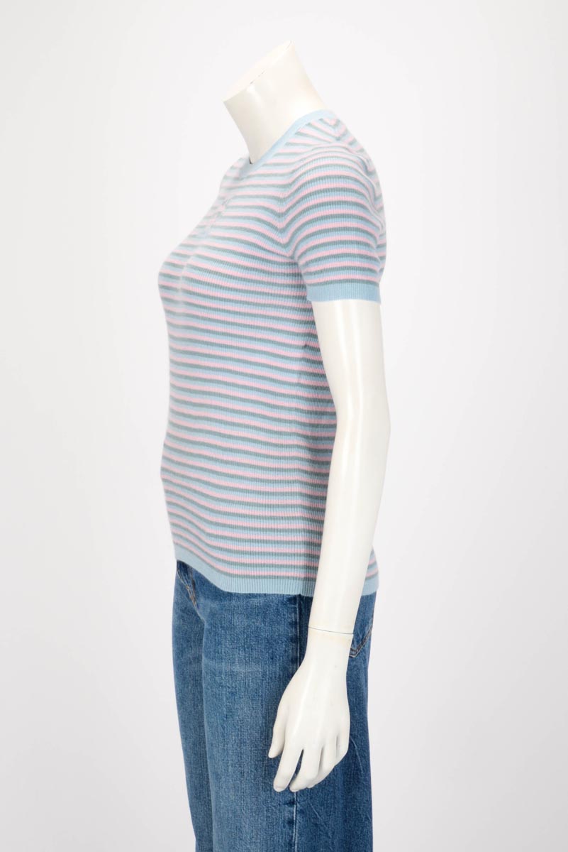 Chanel Blue Cashmere & Mohair Striped Short-Sleeved Top FR 38