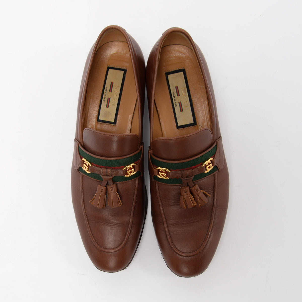 Gucci Brown Leather Paride Web Stripe Loafers 39.5