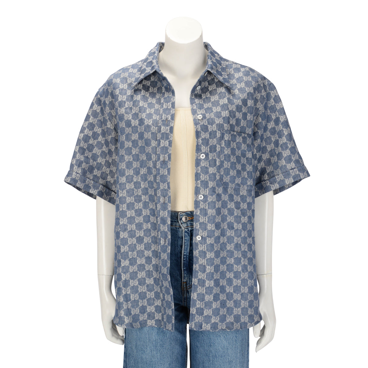 Gucci Blue Linen Jacquard GG Shirt IT 40