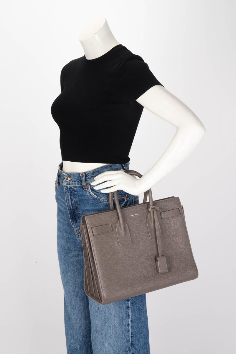 Saint Laurent Taupe Grained Calfskin Small Sac de Jour Tote