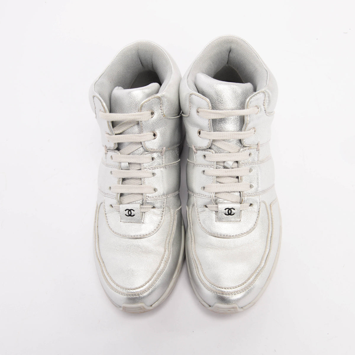 Chanel Silver Metallic Leather High Top Sneakers 39