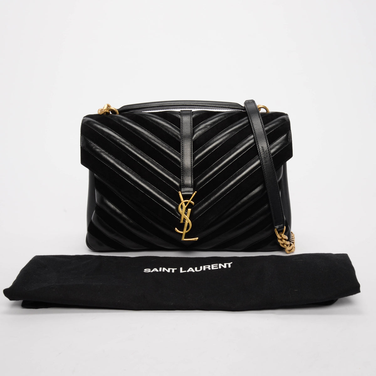 Saint Laurent Black Chevron Calfskin & Suede Large College Bag