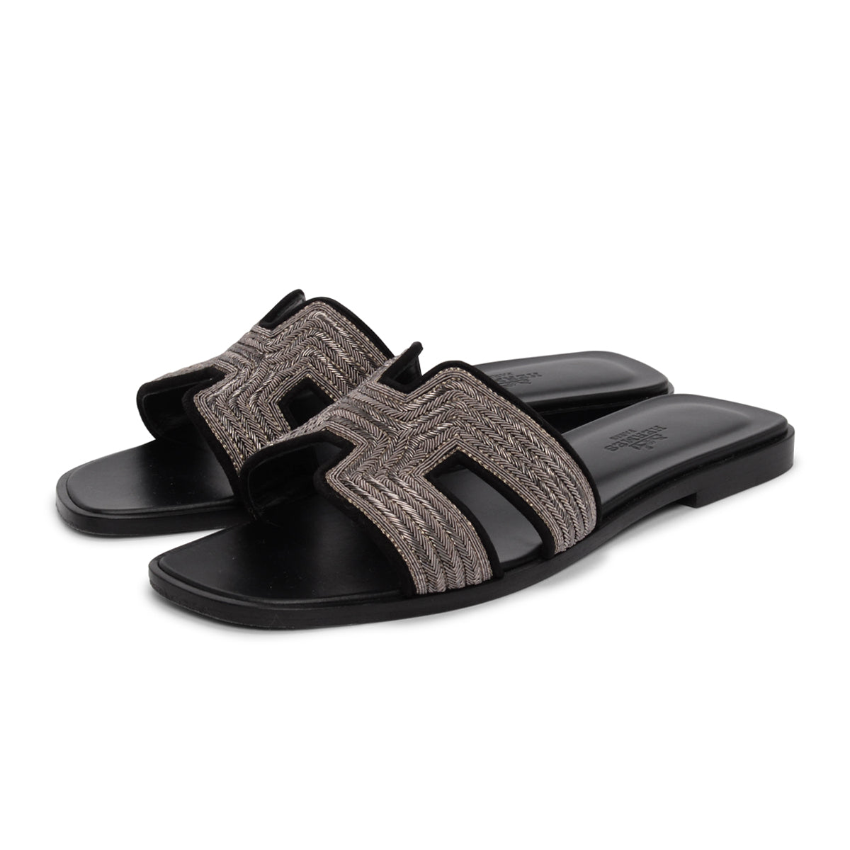 Hermes Black Suede Dabka Embroidered Oran Sandals 37