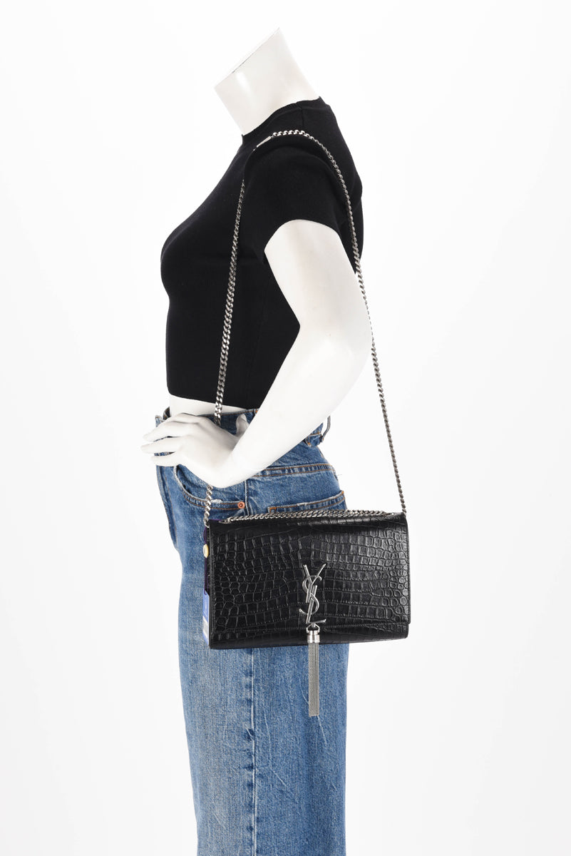 Saint Laurent Black Croc Embossed Medium Kate Tassel Bag