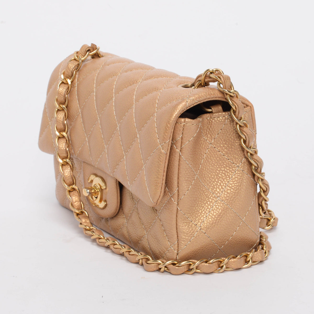 Chanel Pearly Gold Caviar Mini Rectangular Flap Bag