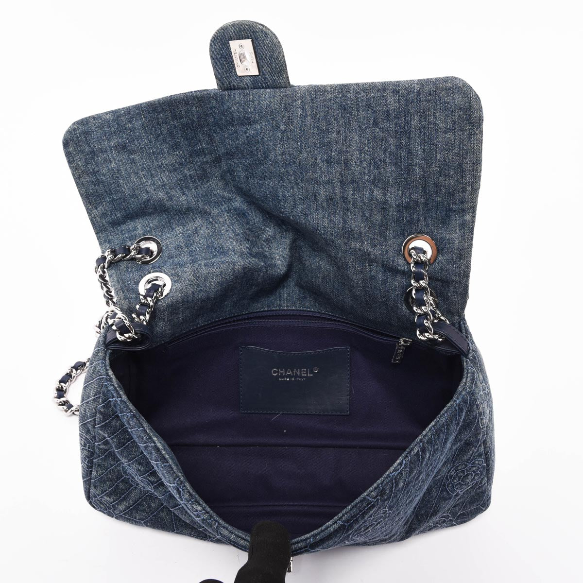 Chanel Dark Blue Denim Camellia Embroidered Large Flap Bag