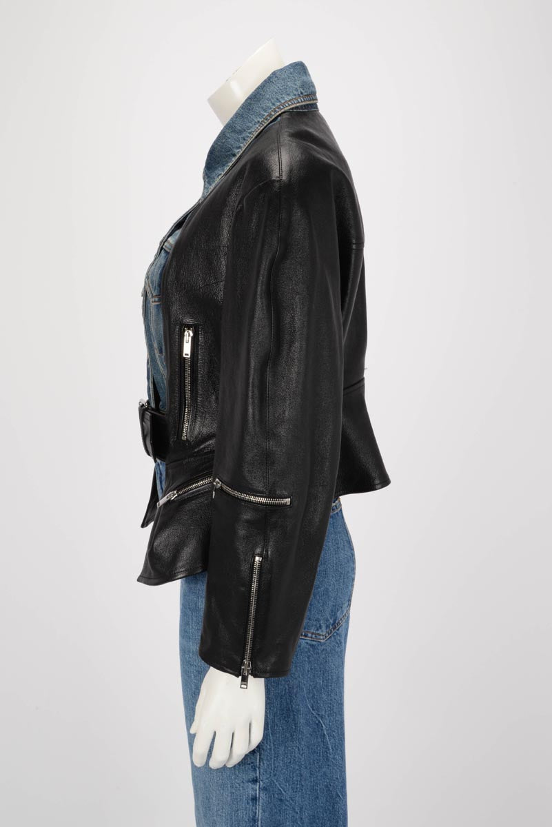 Alexander McQueen Leather & Denim Hybrid Cocoon Jacket IT 46