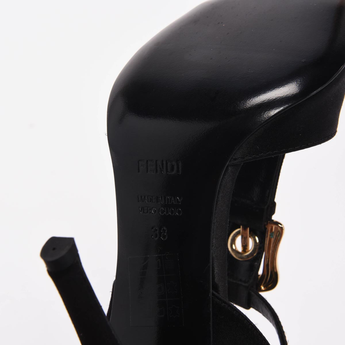 Fendi Black Satin Crystal Buckle Sandals 38