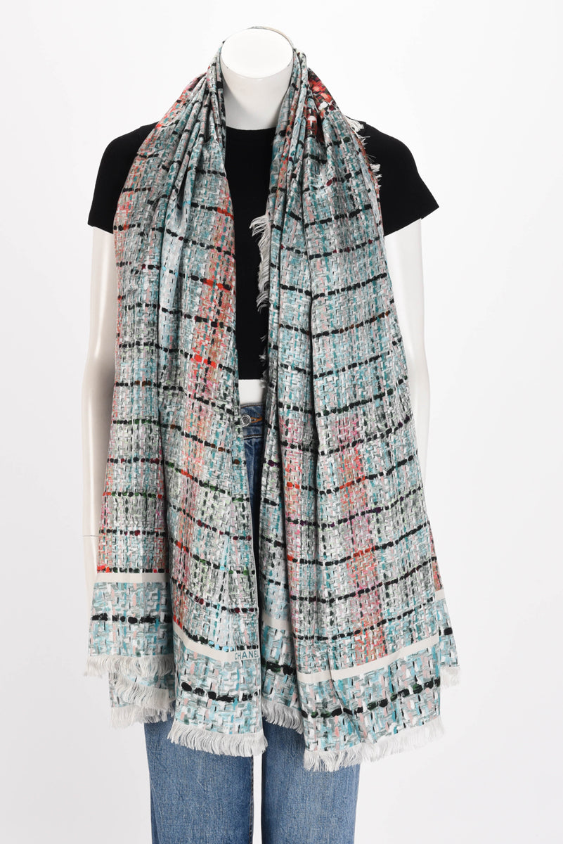 Chanel Turquoise Silk Tweed Print CC Shawl