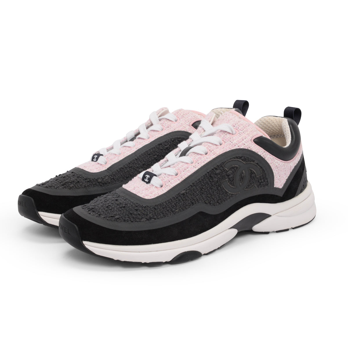 Chanel Grey Pink Tweed CC Sneakers 42