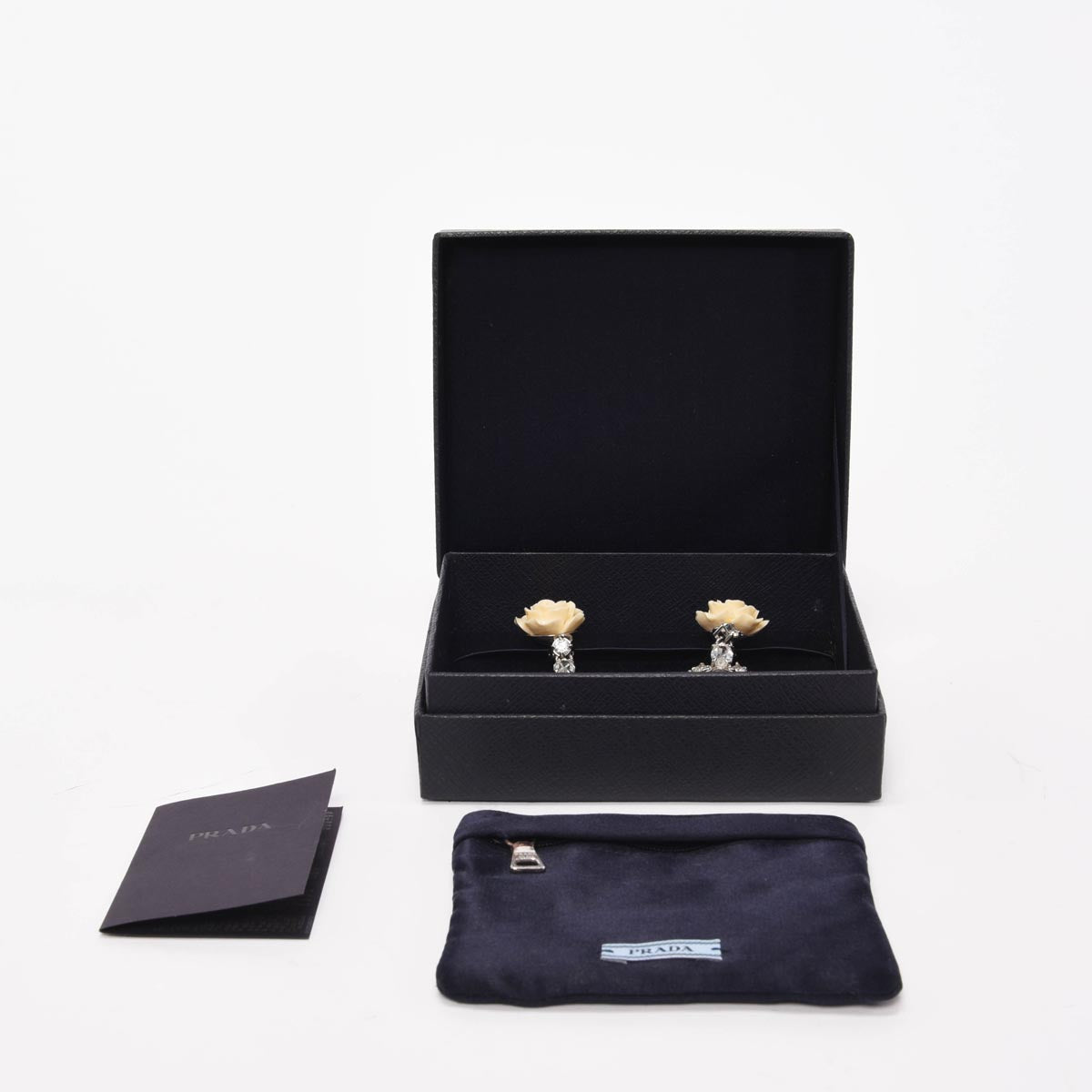 Prada Cream & Silver Crystal Rose Drop Clip Earrings