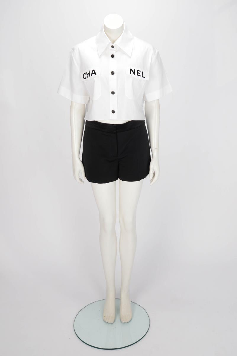 Chanel White Cotton Runway Logo Crop Shirt FR 40