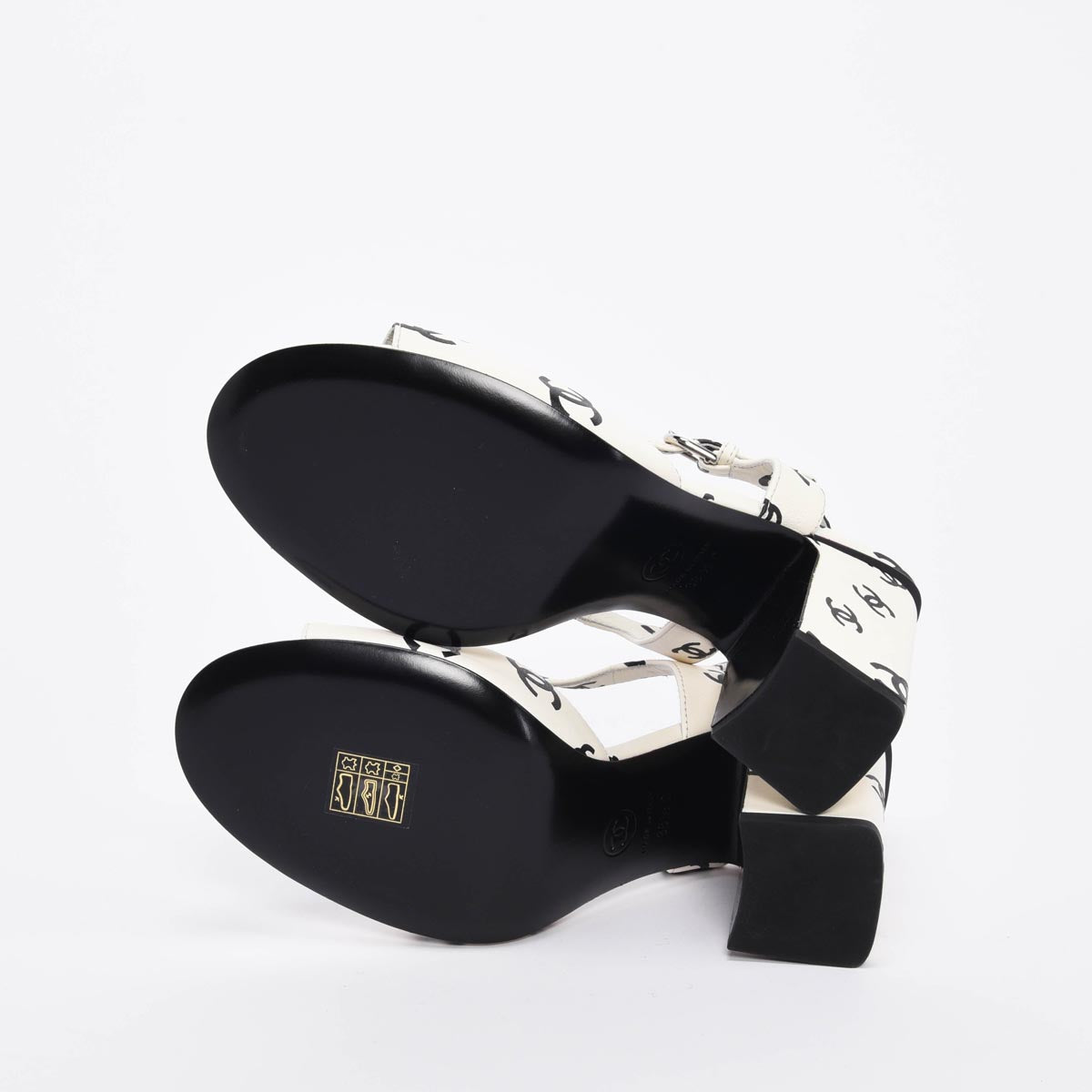 Chanel White & Black Lambskin CC Printed Sandals 38.5