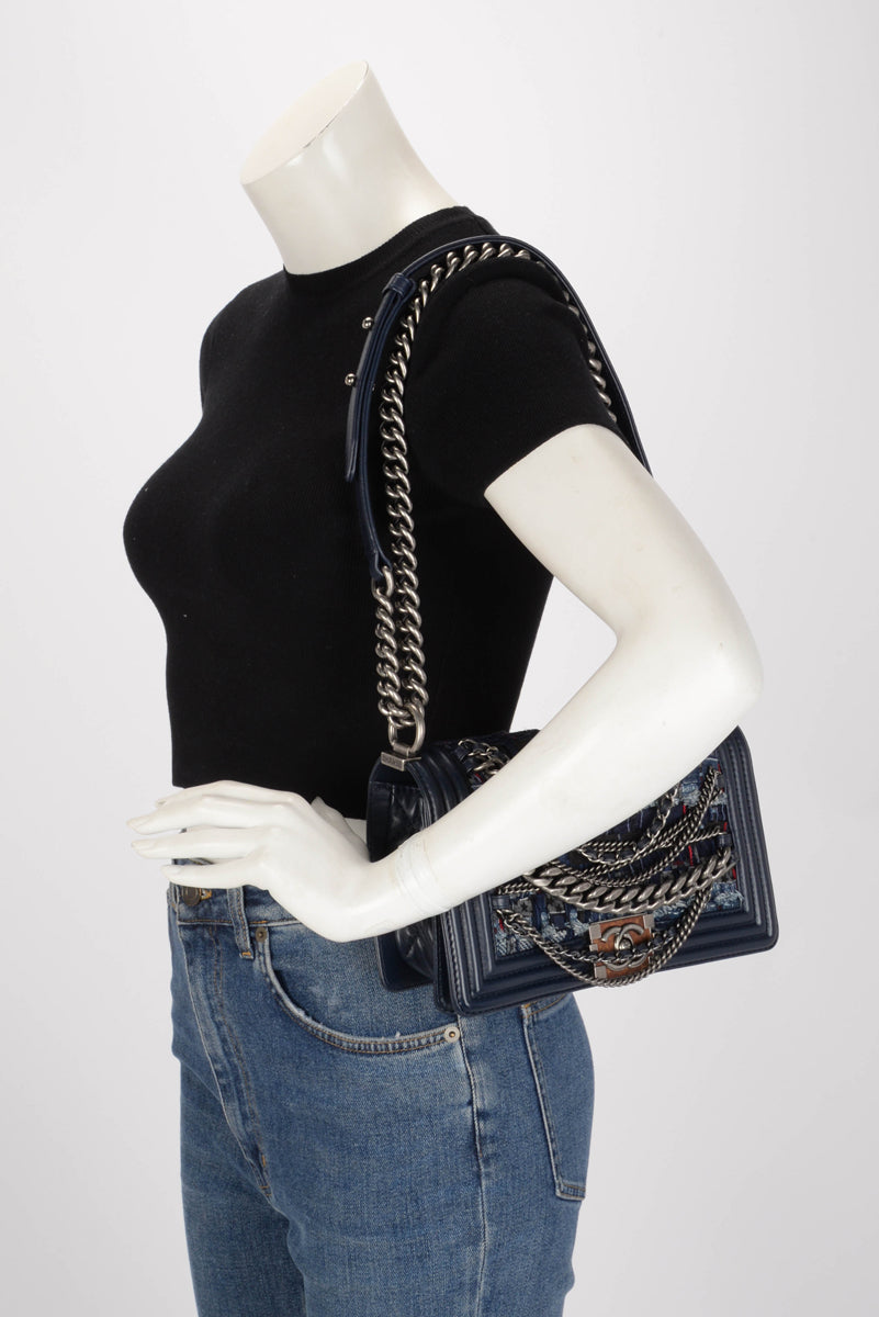 Chanel Navy Patchwork Enchained Old Medium Boy Bag