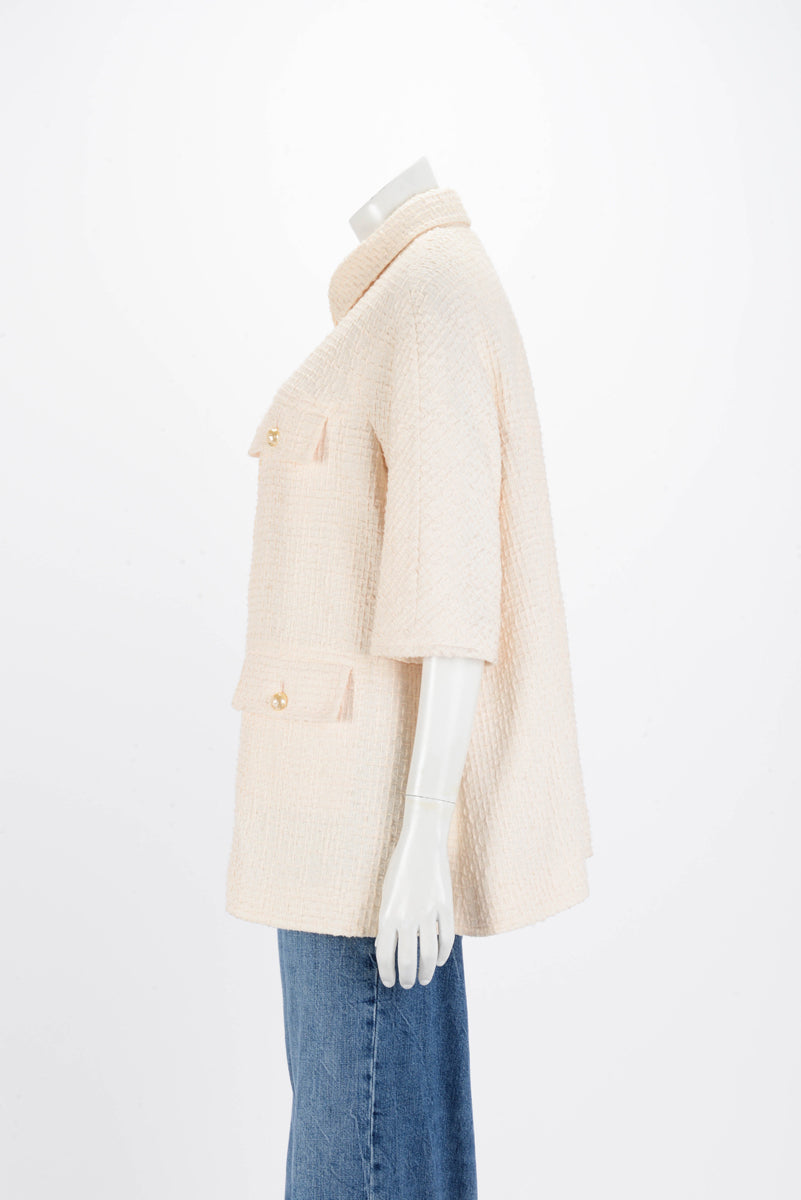 Chanel Cream Cotton Pearl Button Zip Up Jacket