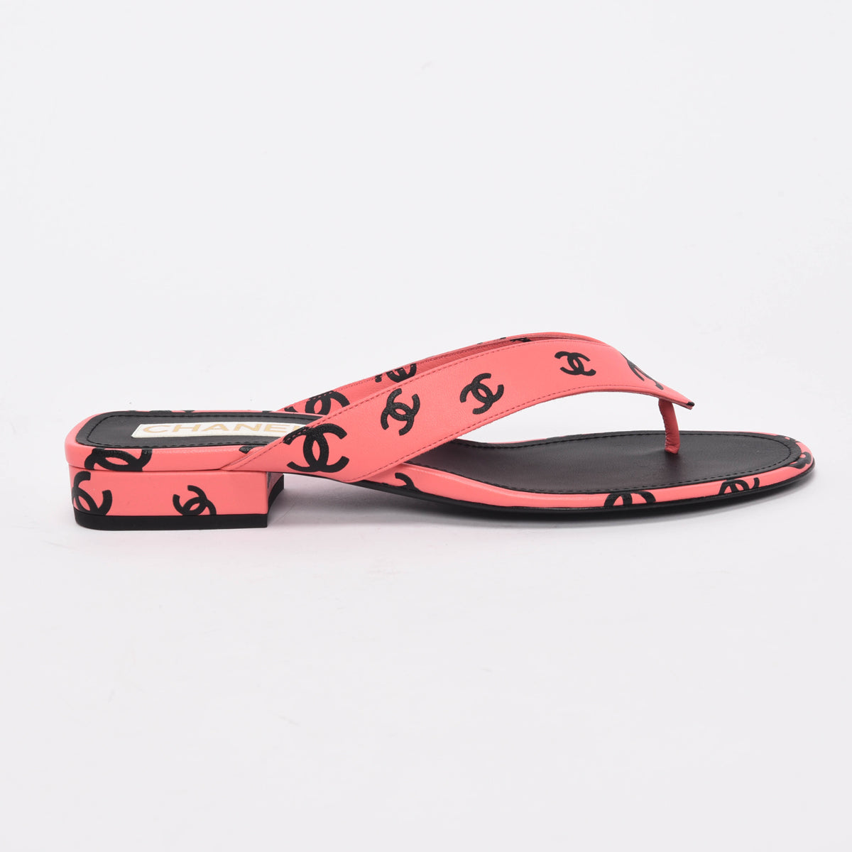 Chanel Pink & Black Lambskin CC Printed Thong Sandals 40