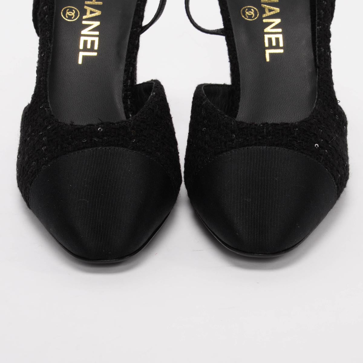 Chanel Black Sequin Tweed Slingback Pumps 38