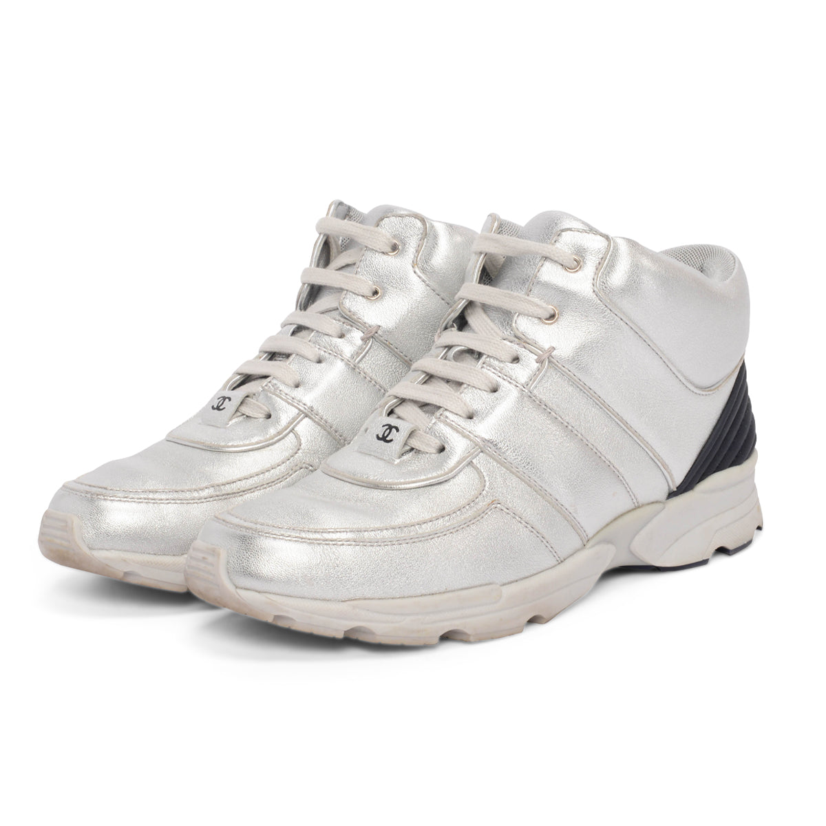 Chanel Silver Metallic Leather High Top Sneakers 39