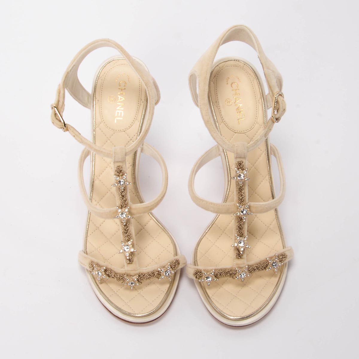 Chanel Cream Velvet Star Embellished Sandals 39