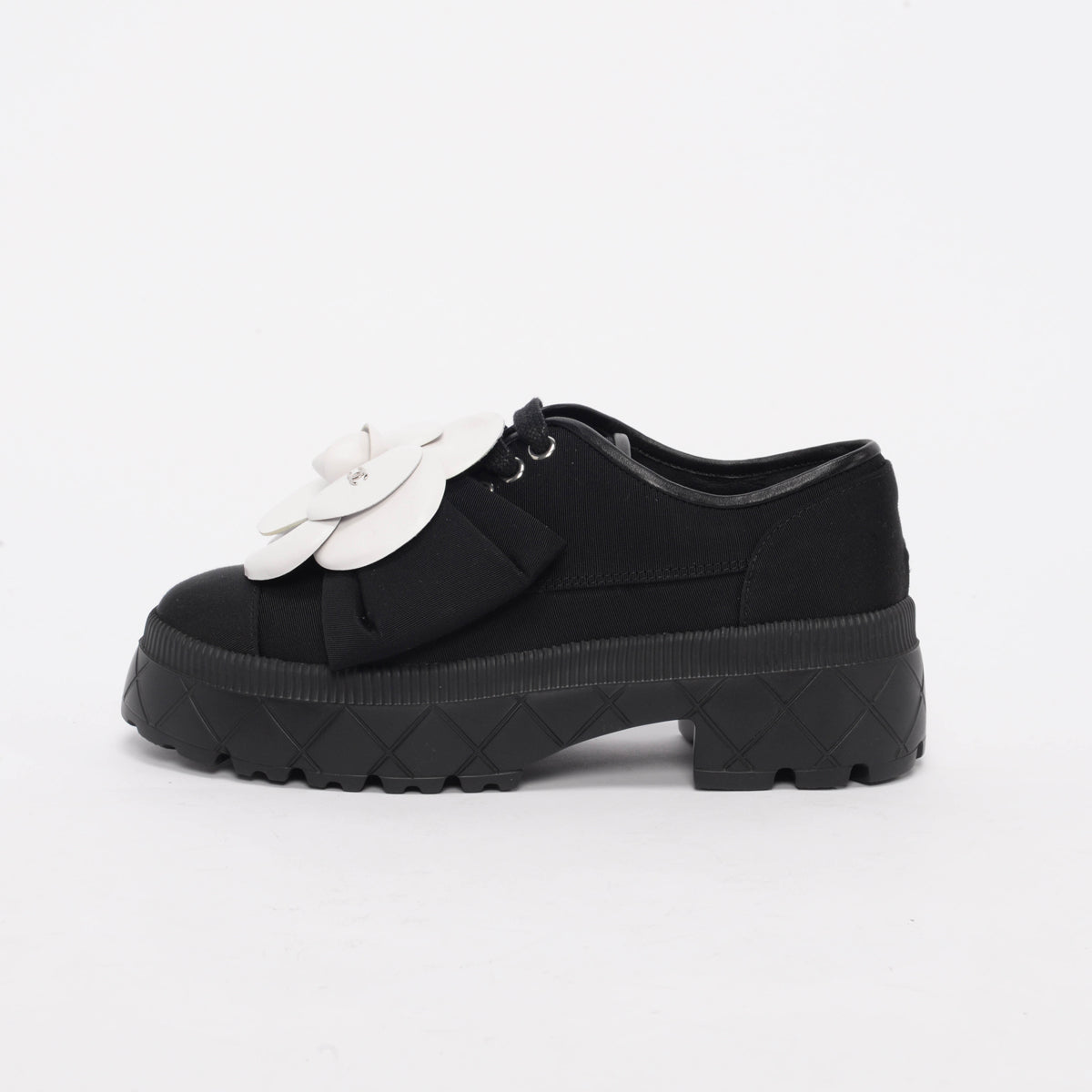 Chanel Black Grosgrain Camellia Lace Up Loafers 36