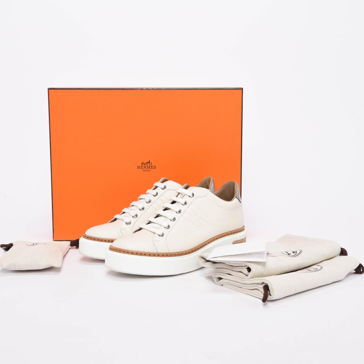 Hermes White Calfskin Polo Sneakers 38.5