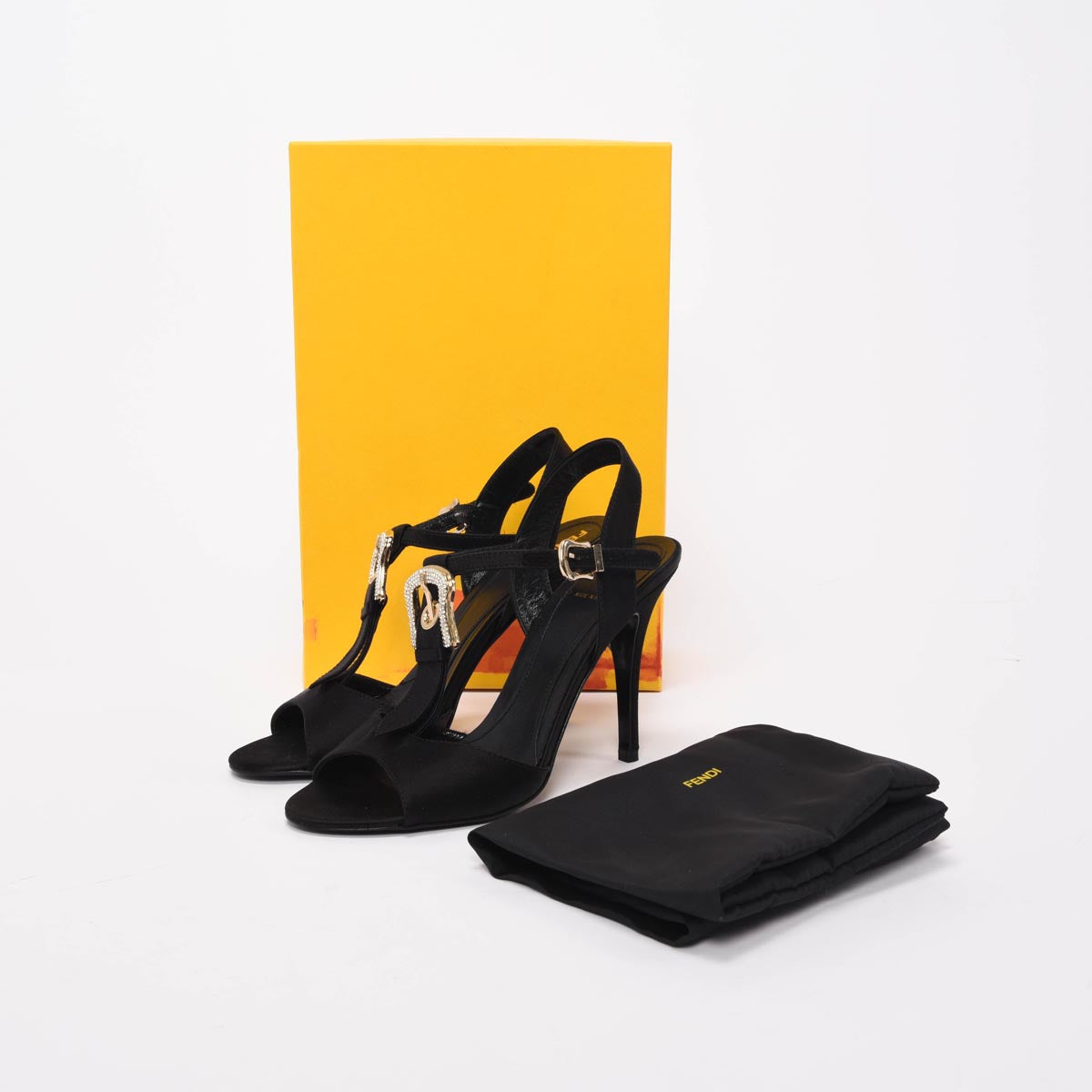 Fendi Black Satin Crystal Buckle Sandals 38