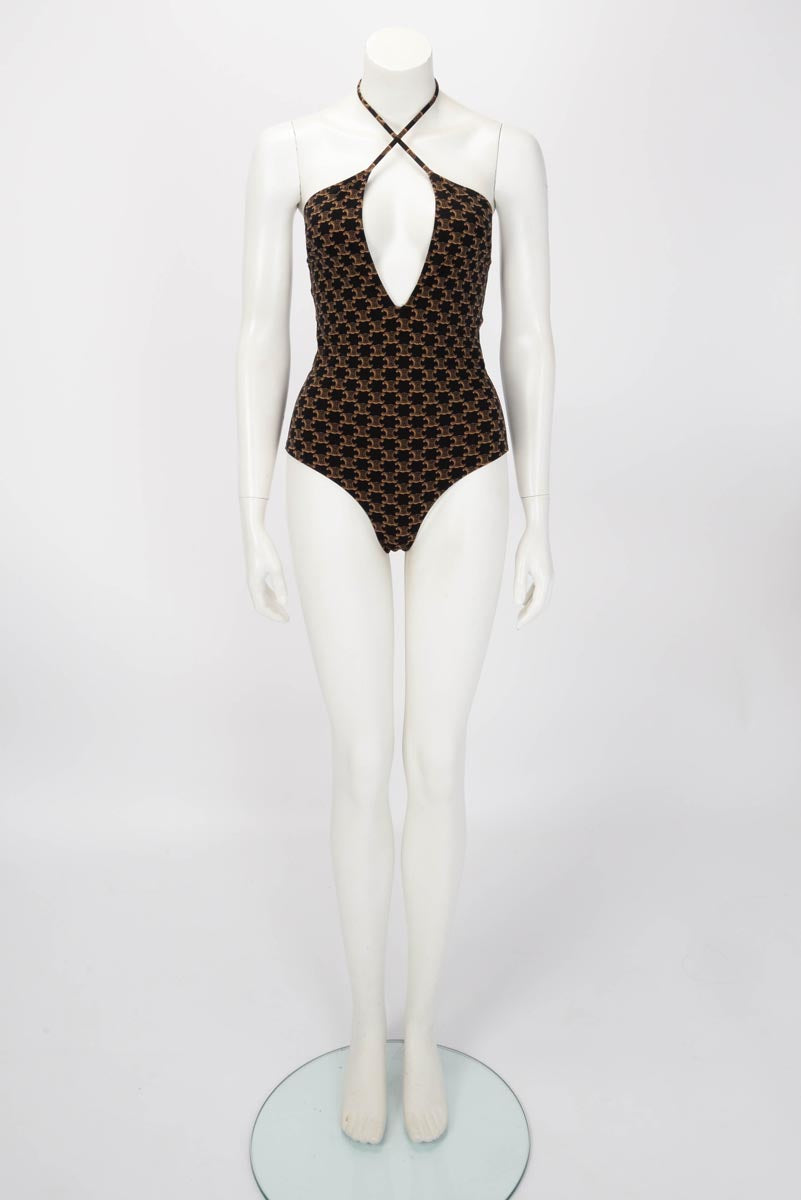 Celine Brown Monogram Jersey V-Neck One Piece Swimsuit FR 40