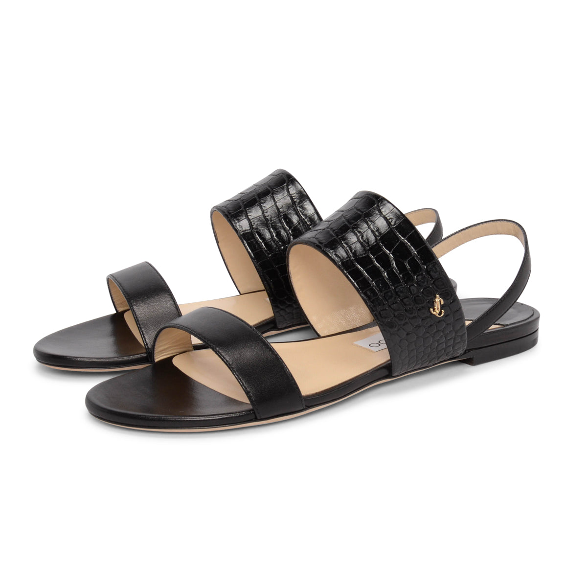 Jimmy Choo Black Nappa & Croc Embossed Seia Flat Sandals 38