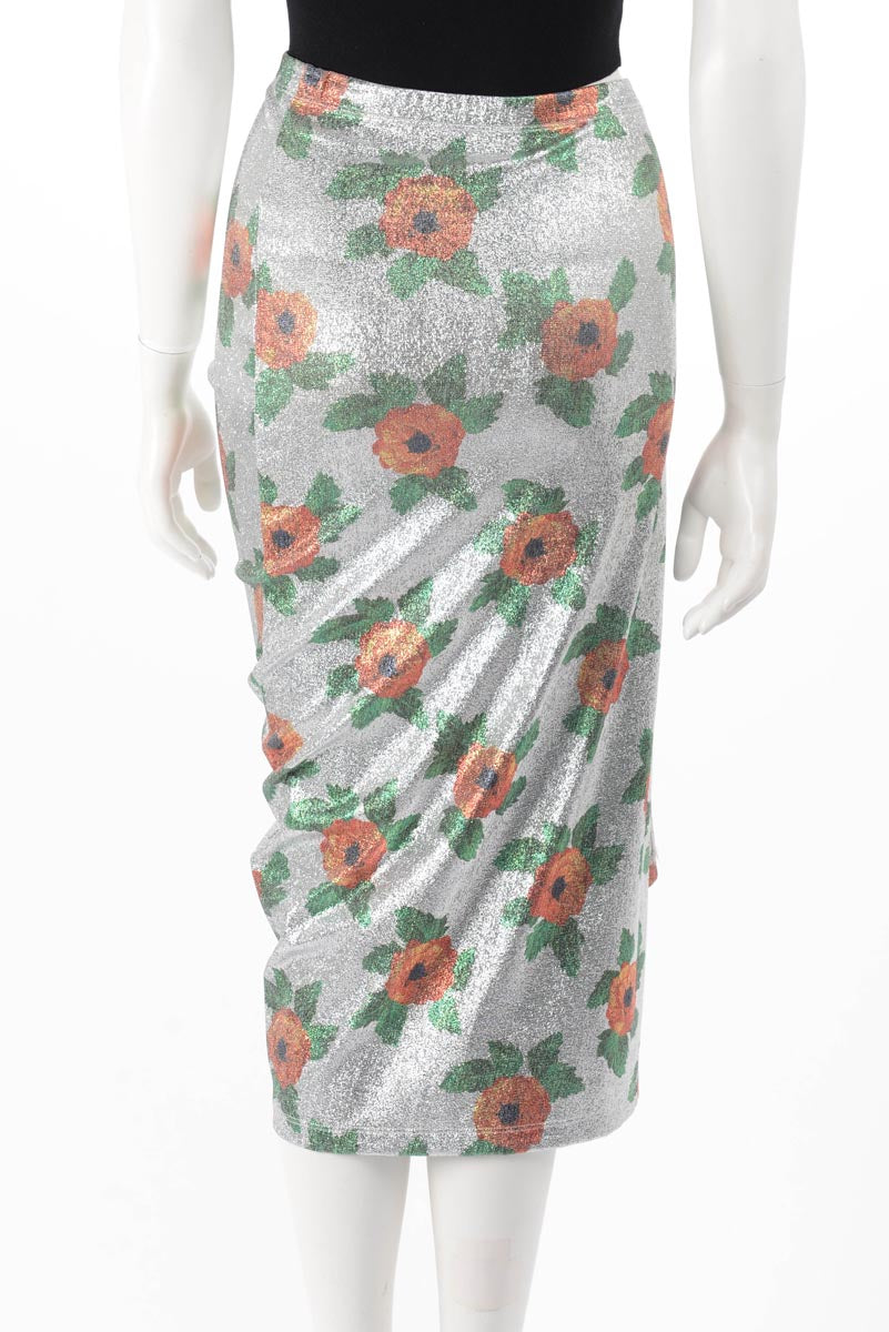 Paco Rabanne Silver Lurex Floral Print Ruched Skirt IT 36