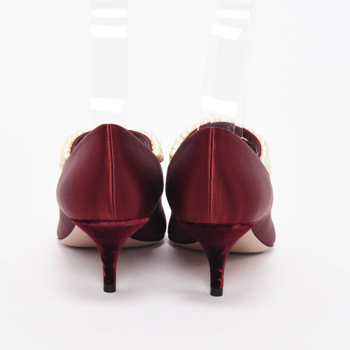 Miu Miu Burgundy Satin Pearl Strap Pumps 41