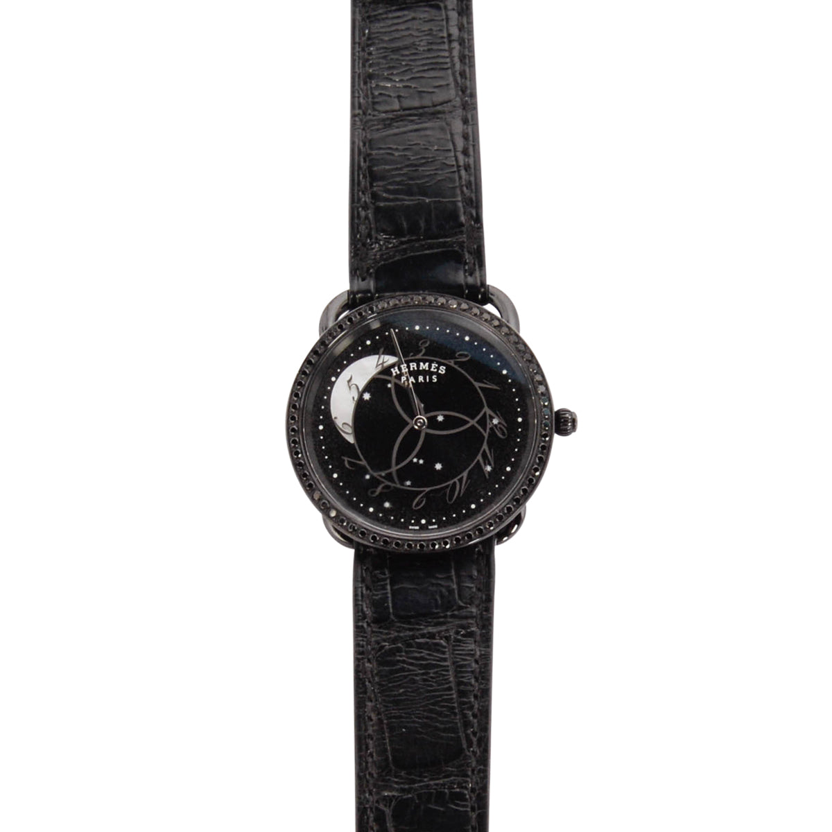 Hermes Black Stainless Steel & Diamond Arceau Ronde Des Heures Watch