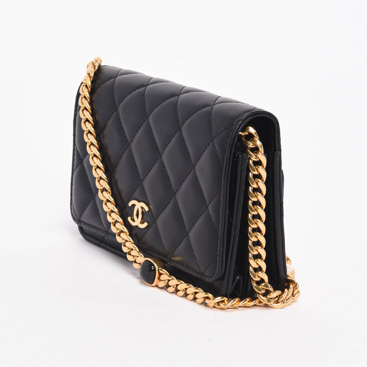 Chanel Black Quilted Lambskin CC Pearl Enamel Wallet on Chain
