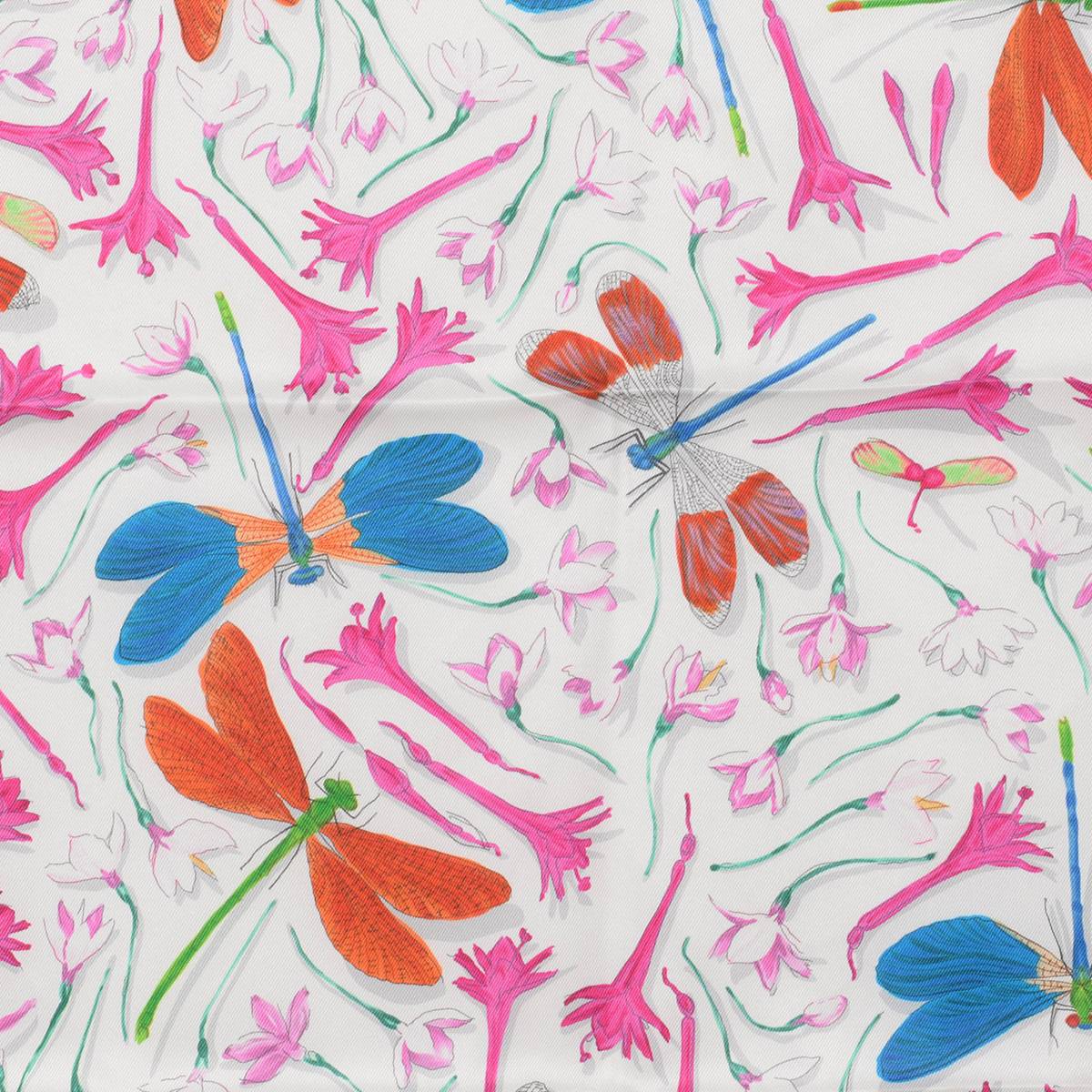 Hermes White Silk Twill Dragonflies Scarf 70