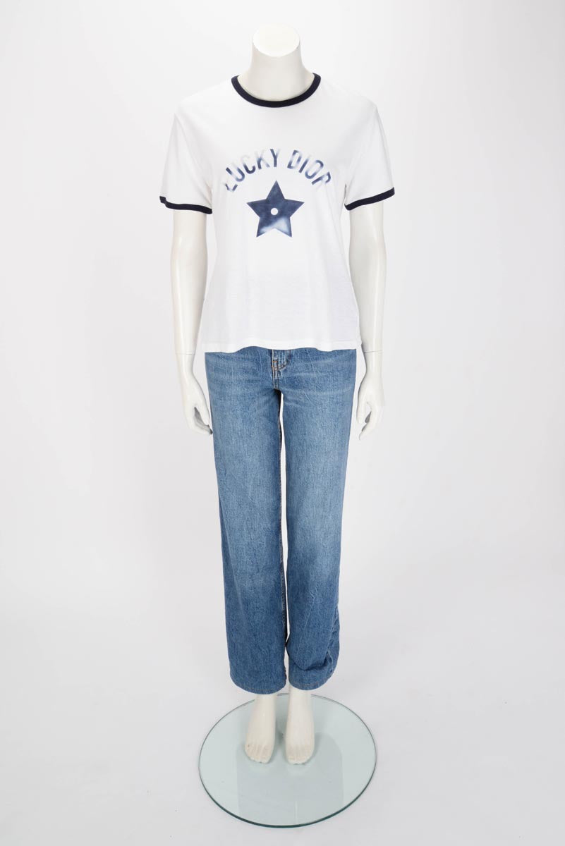 Dior White & Navy Cotton Lucky Dior Logo T-Shirt L